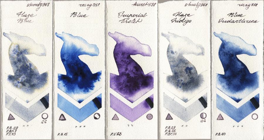 Shminke Horadam Aquarell 967 Haze Blue vs Rosa Gallery 718 Blue vs Kuretake Gansai Tambi 038 Imperial Violet vs 968 Haze Indigo vs 738 Blue Indanthrone watercolor swatch