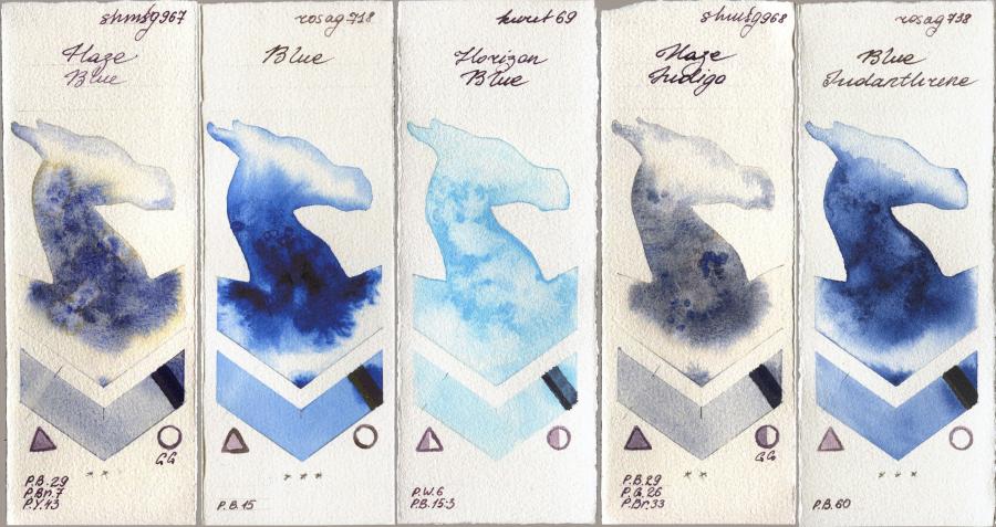 Shminke Horadam Aquarell 967 Haze Blue vs Rosa Gallery 718 Blue vs Kuretake Gansai Tambi 69 Horizon Blue vs 968 Haze Indigo vs 738 Blue Indanthrone watercolor swatch