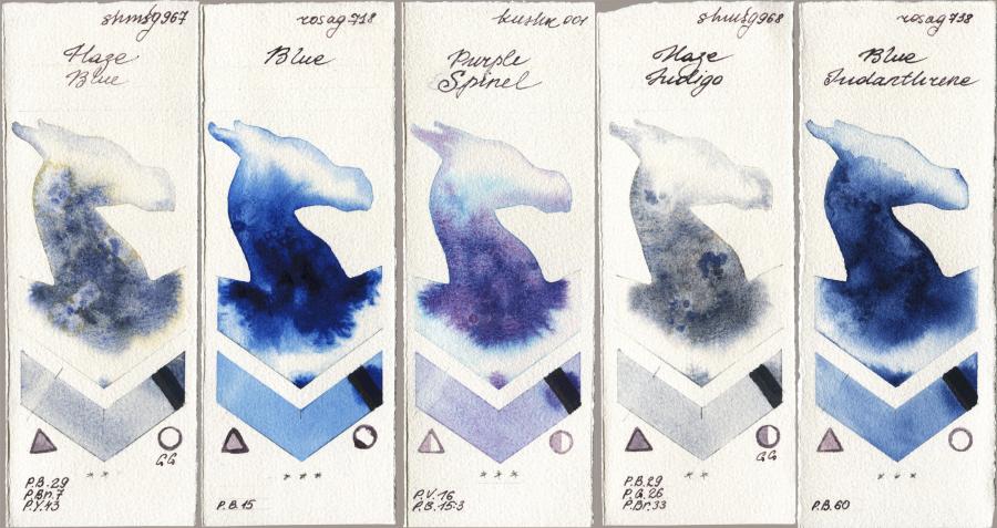 Shminke Horadam Aquarell 967 Haze Blue vs Rosa Gallery 718 Blue vs Kusakabe 001 Purple Spinel vs 968 Haze Indigo vs 738 Blue Indanthrone watercolor swatch