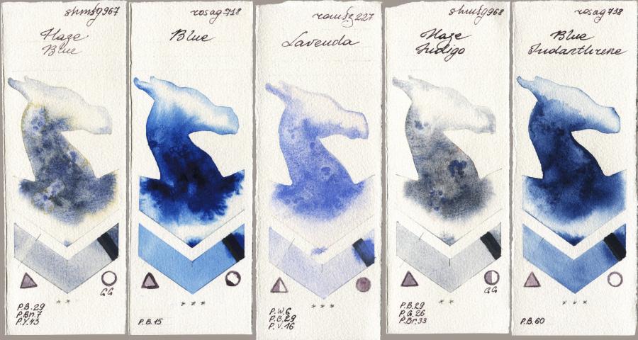 Shminke Horadam Aquarell 967 Haze Blue vs Rosa Gallery 718 Blue vs Roman Szmal Aquarius 227 Lavenda vs 968 Haze Indigo vs 738 Blue Indanthrone watercolor swatch