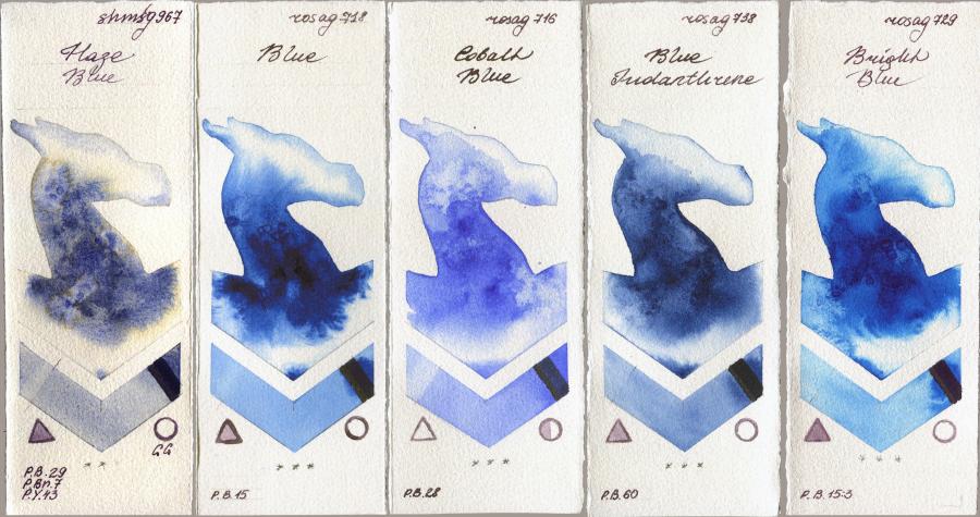 Shminke Horadam Aquarell 967 Haze Blue vs Rosa Gallery 718 Blue vs 716 Cobalt Blue vs 738 Blue Indanthrone vs 729 Bright Blue watercolor swatch