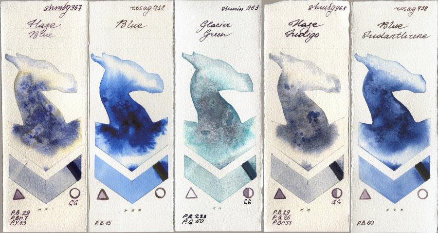 Shminke Horadam Aquarell 967 Haze Blue vs Rosa Gallery 718 Blue vs 963 Glacier Green vs 968 Haze Indigo vs 738 Blue Indanthrone watercolor swatch
