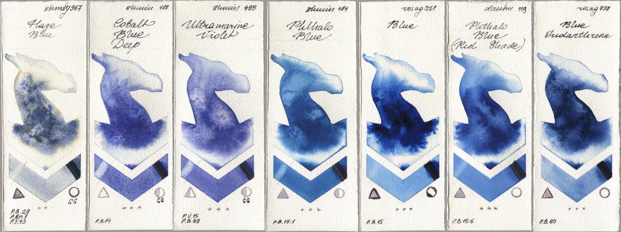 Shminke Horadam Aquarell 967 Haze Blue, 488 Cobalt Blue Deep, 495 Ultramarine Violet, 484 Phthalo Blue, Rosa Gallery 718 Blue, Daniel Smith 119 Phthalo Blue (Red Shade), 738 Blue Indanthre watercolor swatch