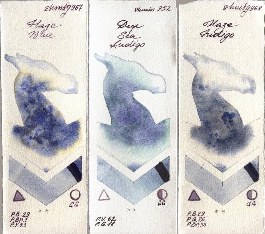 Shminke Horadam Aquarell 967 Haze Blue vs 952 Deep Sea Indigo vs 968 Haze Indigo watercolor swatch