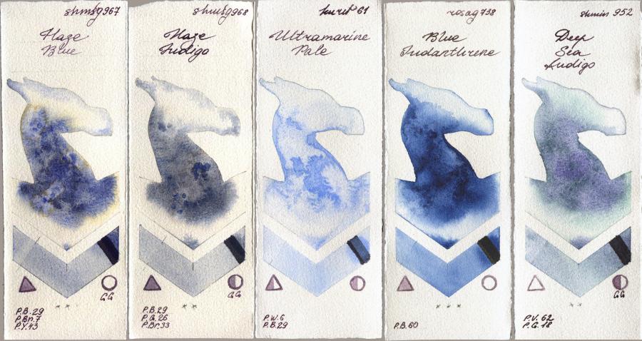 Shminke Horadam Aquarell 967 Haze Blue vs 968 Haze Indigo vs Kuretake Gansai Tambi 61 Ultramatire Pale vs Rosa Gallery 738 Blue Indanthrone vs 952 Deep Sea Indigo watercolor swatch