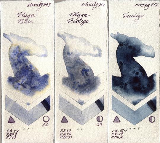 Shminke Horadam Aquarell 967 Haze Blue vs 968 Haze Indigo vs Rosa Gallery 717 Indigo watercolor swatch