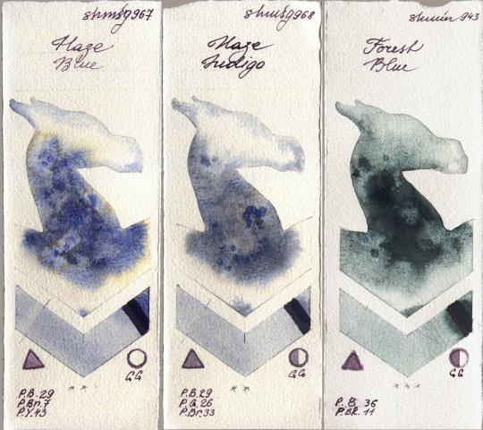 Shminke Horadam Aquarell 967 Haze Blue vs 968 Haze Indigo vs 943 Forest Blue watercolor swatch