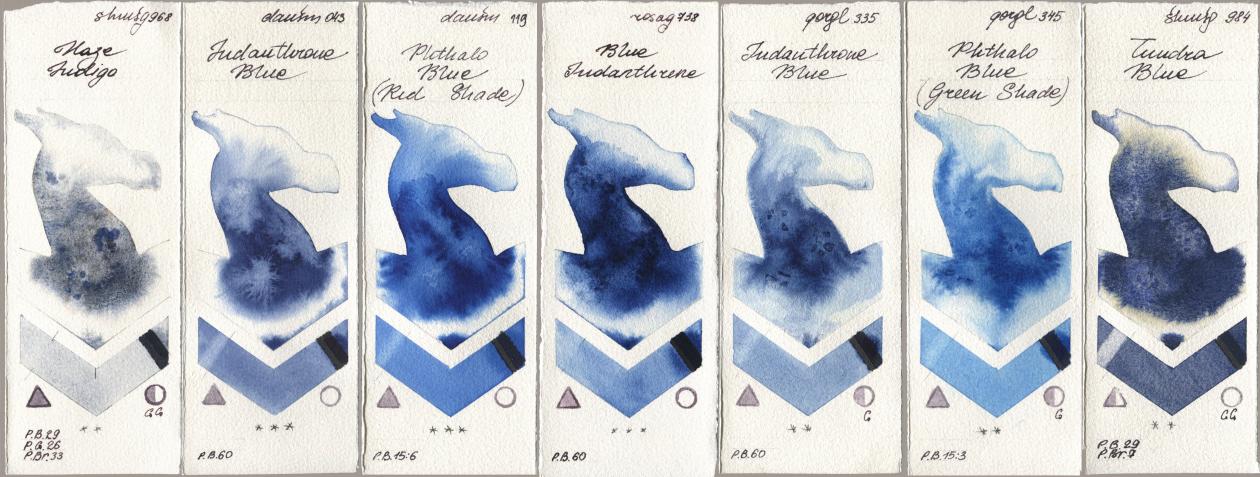 Shminke Horadam Aquarell 968 Haze Indigo, Daniel Smith 043 Indanthrone Blue, 119 Phthalo Blue (Red Shade), Rosa Gallery 738 Blue Indanthrene, Golden QOR 335 Indanthrone Blue, 345 Phthalo Blue (Green Shade), 984 Tundra Bl watercolor swatch