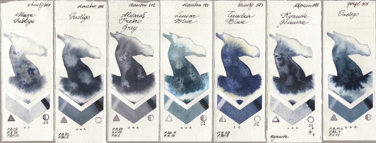 Shminke Horadam Aquarell 968 Haze Indigo, Daniel Smith 046 Indigo, 242 Alvaros Fresco Grey, 183 Lunar Blue, 984 Tundra Blue, 186 Kyanite Genuine, Golden QOR 305 Indi watercolor swatch