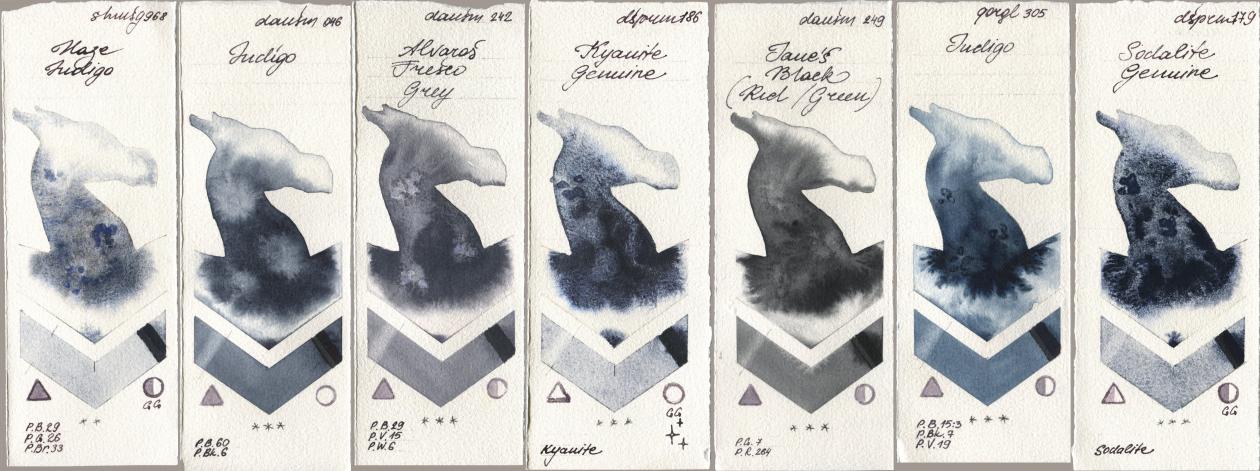 Shminke Horadam Aquarell 968 Haze Indigo, Daniel Smith 046 Indigo, 242 Alvaros Fresco Grey, 186 Kyanite Genuine, 249 Janes Black (Red/Green), Golden QOR 305 Indigo, 179 Sodalite Genui watercolor swatch