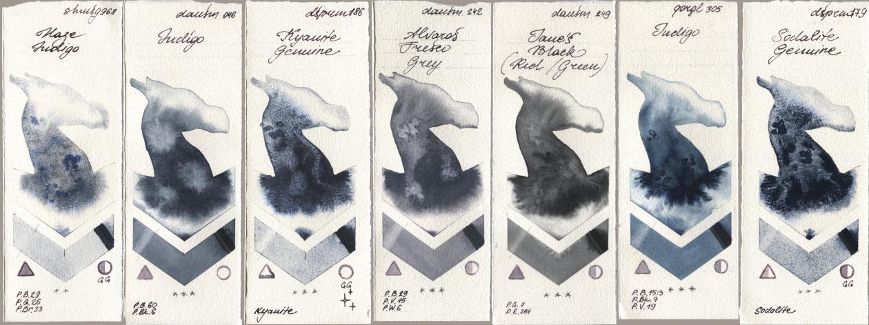 Shminke Horadam Aquarell 968 Haze Indigo, Daniel Smith 046 Indigo, 186 Kyanite Genuine, 242 Alvaros Fresco Grey, 249 Janes Black (Red/Green), Golden QOR 305 Indigo, 179 Sodalite Genui watercolor swatch