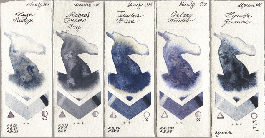 Shminke Horadam Aquarell 968 Haze Indigo, Daniel Smith 242 Alvaros Fresco Grey, 984 Tundra Blue, 972 Galaxy Violet, 186 Kyanite Genui watercolor swatch