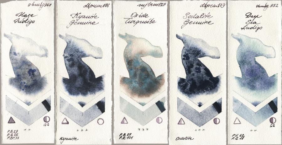 Shminke Horadam Aquarell 968 Haze Indigo vs Daniel Smith 186 Kyanite Genuine vs Mijello Mission Gold 827 Oxide Turquoise vs 179 Sodalite Genuine vs 952 Deep Sea Indigo watercolor swatch