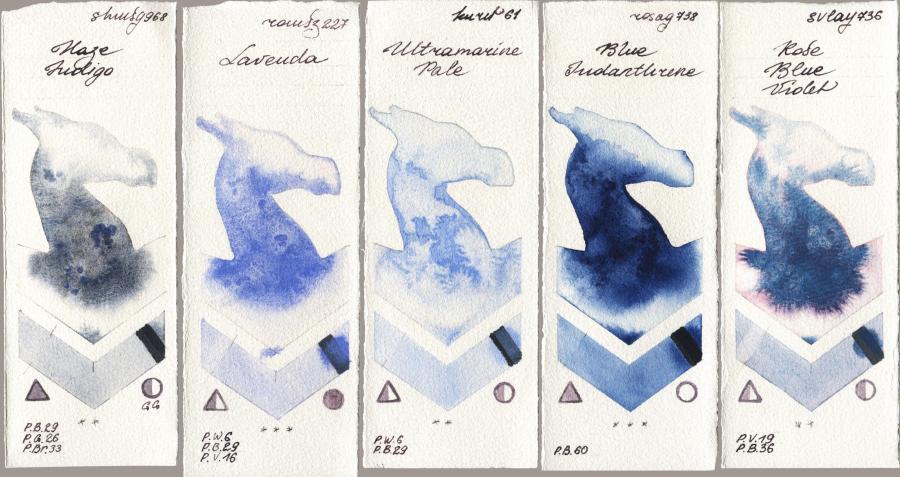 Shminke Horadam Aquarell 968 Haze Indigo vs Roman Szmal Aquarius 227 Lavenda vs Kuretake Gansai Tambi 061 Ultramatire Pale vs Rosa Gallery 738 Blue Indanthrone vs SuperVision 736 Rose Blue Violet watercolor swatch