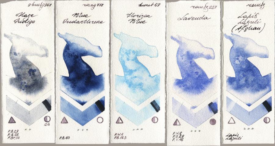 Shminke Horadam Aquarell 968 Haze Indigo vs Rosa Gallery 738 Blue Indanthrone vs Kuretake Gansai Tambi 069 Horizon Blue vs Roman Szmal Aquarius 227 Lavenda vs 999 Lapis Lazuli Afghan watercolor swatch