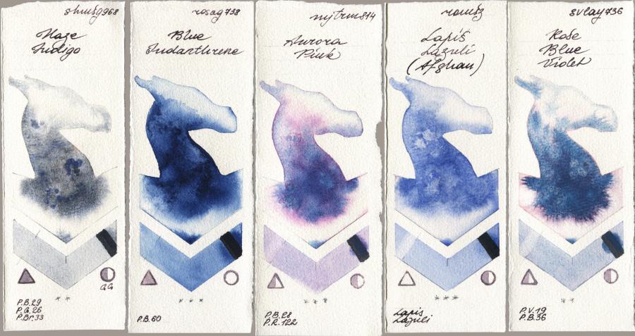 Shminke Horadam Aquarell 968 Haze Indigo vs Rosa Gallery 738 Blue Indanthrone vs Mijello Mission Gold 814 Aurora Pink vs Roman Szmal Aquarius 999 Lapis Lazuli Afghan vs SuperVision 736 Rose Blue Violet watercolor swatch