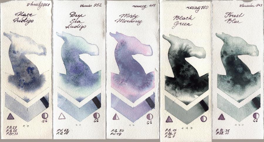 Shminke Horadam Aquarell 968 Haze Indigo vs 952 Deep Sea Indigo vs Roman Szmal Aquarius 415 Misty Morning vs Rosa Gallery 760 Black Green vs 943 Forest Blue watercolor swatch