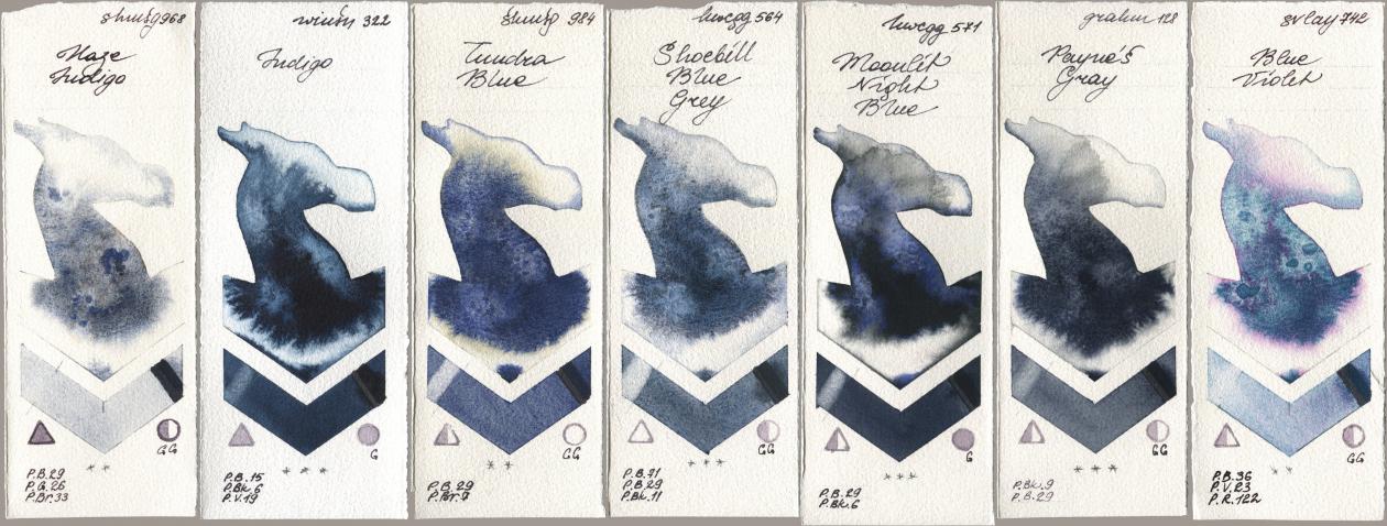 Shminke Horadam Aquarell 968 Haze Indigo, Winsor & Newton Professional 322 Indigo, 984 Tundra Blue, Holbein Artists Watercolor 564 Shoebill Blue Grey, 571 Moonlit Night Blue, M. Graham & Co. Artists 128 Payne’s Gray, SuperVision 742 Blue Viol watercolor swatch