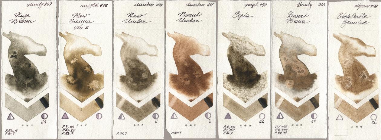 Shminke Horadam Aquarell 969 Haze Brown, Mijello Mission Gold 606 Raw Sienna No 2, Daniel Smith 097 Raw Umber, 011 Burnt Umber, Golden QOR 490 Sepia, 923 Desert Brown, 209 Sicklerite Genui watercolor swatch