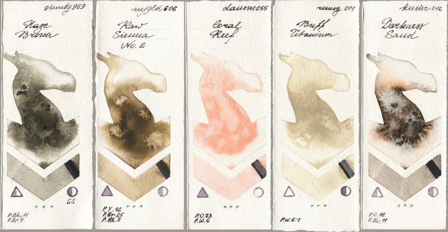 Shminke Horadam Aquarell 969 Haze Brown vs Mijello Mission Gold 606 Raw Sienna No 2 vs Daniel Smith 255 Coral Reef vs Roman Szmal Aquarius 201 Buff Titanium vs Kusakabe 012 Darkness Sand watercolor swatch