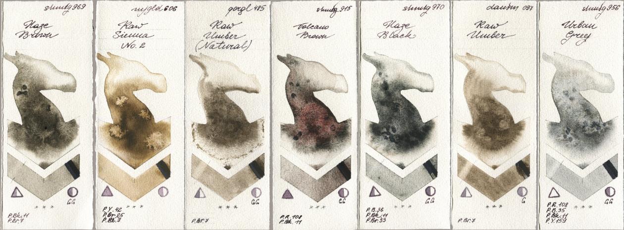 Shminke Horadam Aquarell 969 Haze Brown, Mijello Mission Gold 606 Raw Sienna No 2, Golden QOR 485 Raw Umber (Natural), 915 Volcano Brown, 970 Haze Black, Daniel Smith 097 Raw Umber, 956 Urban Gr watercolor swatch