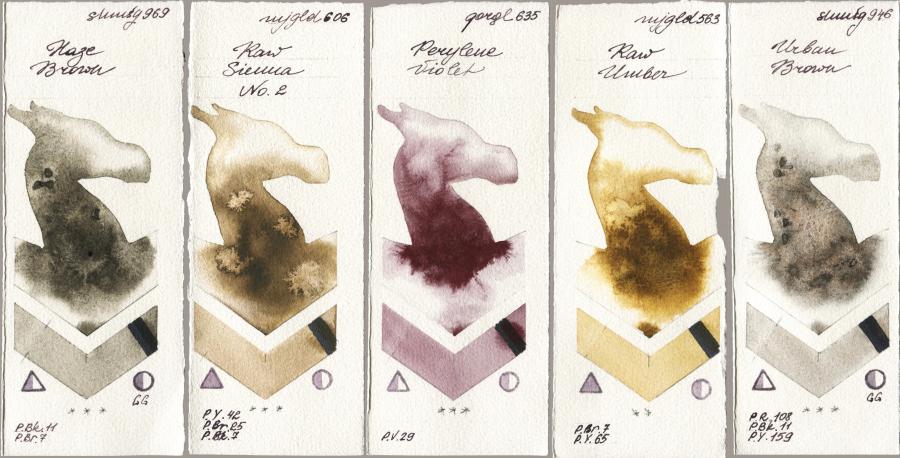 Shminke Horadam Aquarell 969 Haze Brown vs Mijello Mission Gold 606 Raw Sienna No 2 vs Golden QOR 635 Perylene Violet vs 563 Raw Umber vs 946 Urban Brown watercolor swatch
