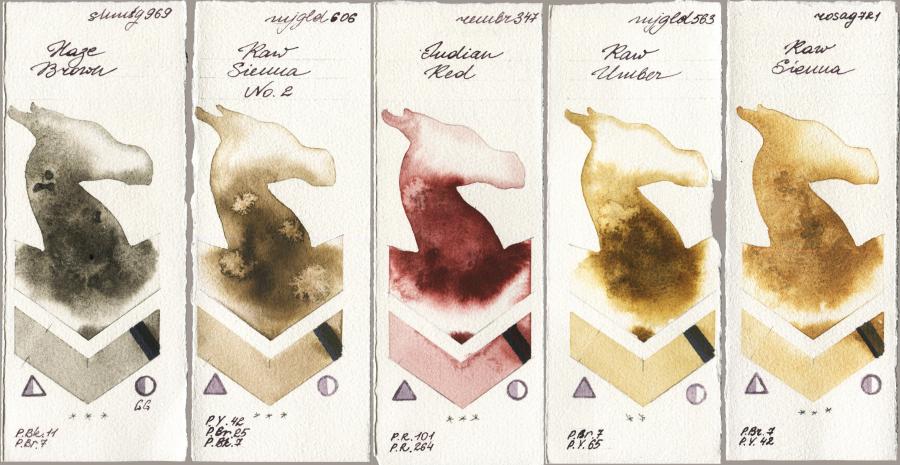 Shminke Horadam Aquarell 969 Haze Brown vs Mijello Mission Gold 606 Raw Sienna No 2 vs Royal Talens Rembrandt Watercolour 347 Indian Red vs 563 Raw Umber vs Rosa Gallery 721 Raw Sienna watercolor swatch
