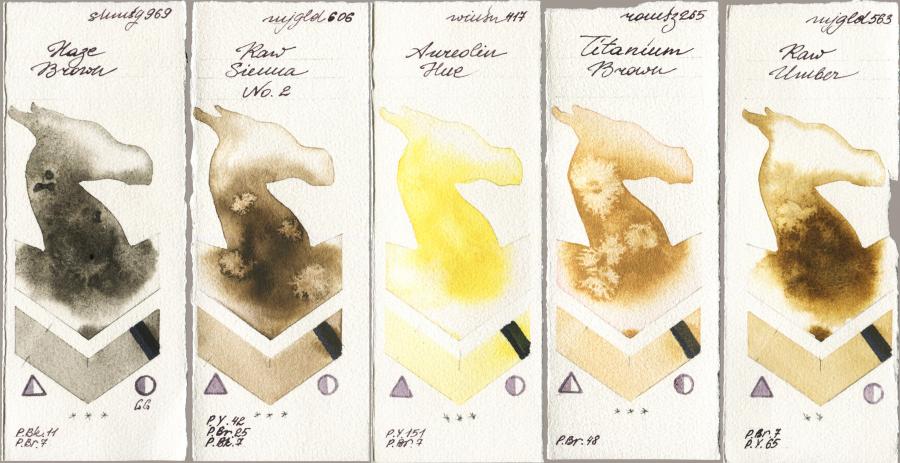 Shminke Horadam Aquarell 969 Haze Brown vs Mijello Mission Gold 606 Raw Sienna No 2 vs Winsor & Newton Professional 417 Aureolin Hue vs Roman Szmal Aquarius 265 Titanium Brown vs 563 Raw Umber watercolor swatch
