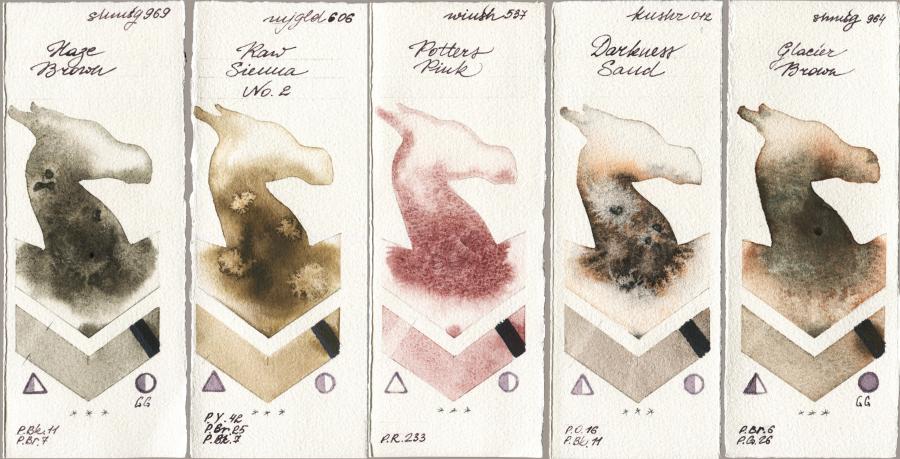 Shminke Horadam Aquarell 969 Haze Brown vs Mijello Mission Gold 606 Raw Sienna No 2 vs Winsor & Newton Professional 537 Potters Pink vs Kusakabe 012 Darkness Sand vs 964 Glacier Brown watercolor swatch