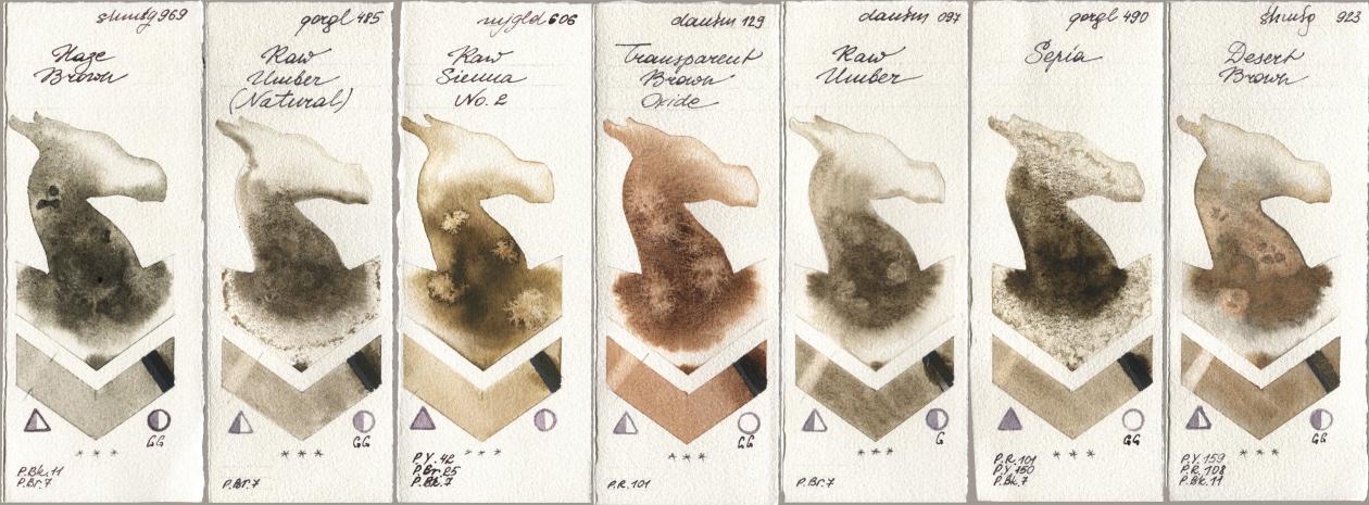 Shminke Horadam Aquarell 969 Haze Brown, Golden QOR 485 Raw Umber (Natural), Mijello Mission Gold 606 Raw Sienna No 2, Daniel Smith 129 Transparent Brown Oxide, 097 Raw Umber, 490 Sepia, 923 Desert Bro watercolor swatch