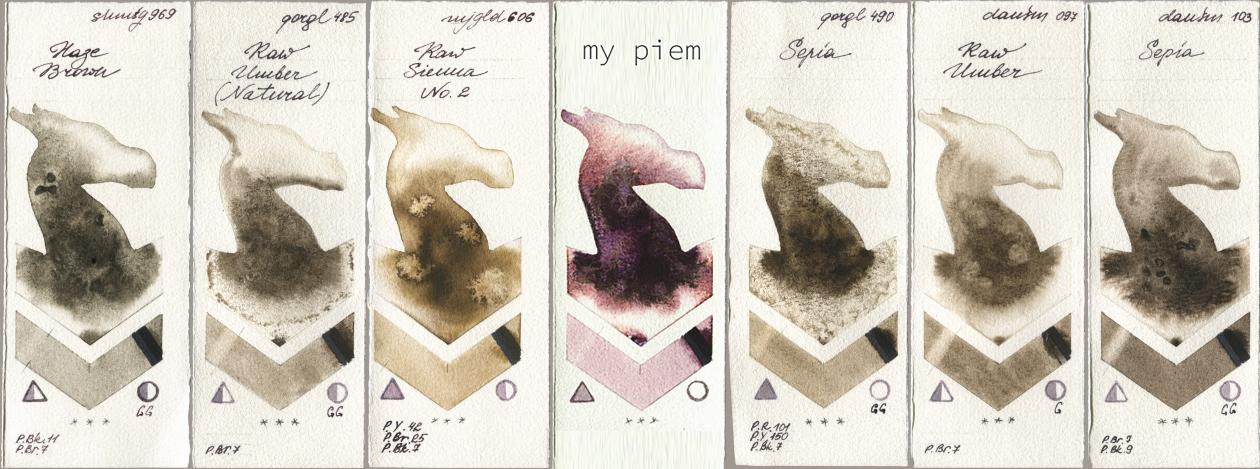 Shminke Horadam Aquarell 969 Haze Brown, Golden QOR 485 Raw Umber (Natural), Mijello Mission Gold 606 Raw Sienna No 2, my 191 piem, 490 Sepia, Daniel Smith 097 Raw Umber, 103 Sep watercolor swatch