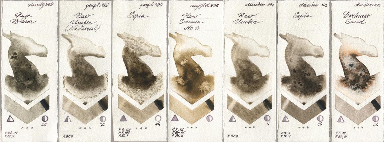 Shminke Horadam Aquarell 969 Haze Brown, Golden QOR 485 Raw Umber (Natural), 490 Sepia, Mijello Mission Gold 606 Raw Sienna No 2, Daniel Smith 097 Raw Umber, 103 Sepia, Kusakabe 012 Darkness Sa watercolor swatch