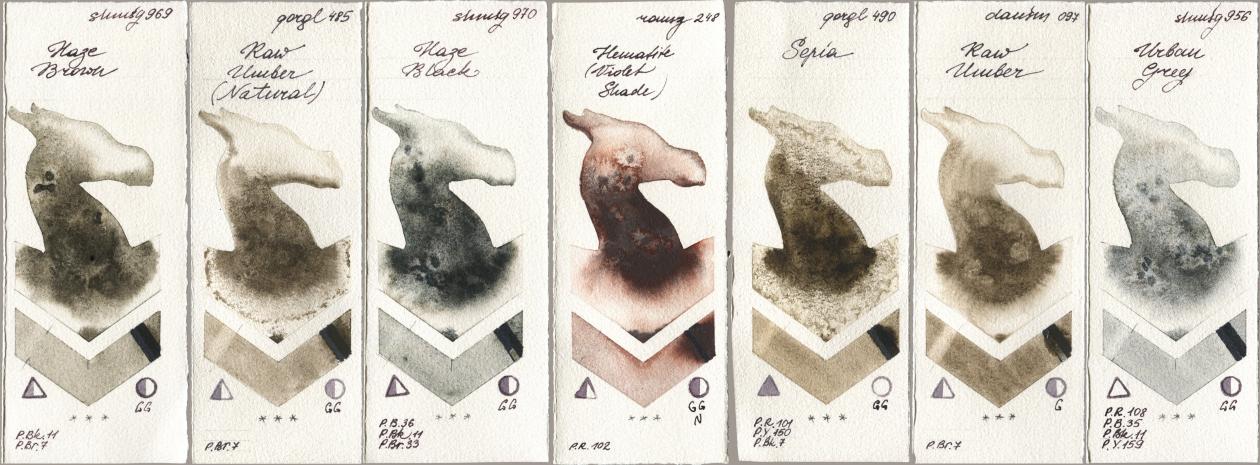 Shminke Horadam Aquarell 969 Haze Brown, Golden QOR 485 Raw Umber (Natural), 970 Haze Black, Roman Szmal Aquarius 248 Hematite (Violet Shade), 490 Sepia, Daniel Smith 097 Raw Umber, 956 Urban Gr watercolor swatch