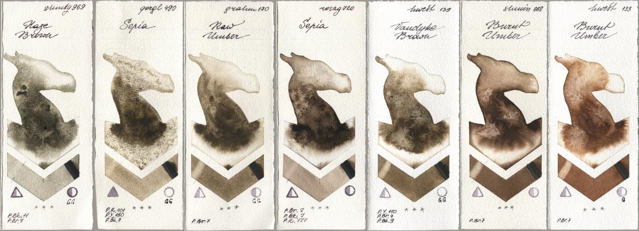 Shminke Horadam Aquarell 969 Haze Brown, Golden QOR 490 Sepia, M. Graham & Co. Artists 170 Raw Umber, Rosa Gallery 720 Sepia, Holbein Artists Watercolor 139 Vandyke Brown, 668 Burnt Umber, 133 Burnt Umb watercolor swatch