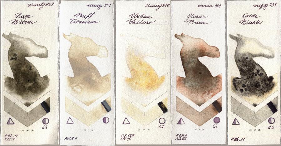 Shminke Horadam Aquarell 969 Haze Brown vs Roman Szmal Aquarius 201 Buff Titanium vs 916 Urban Yellow vs 964 Glacier Brown vs Royal Talens Van Gogh Watercolour 735 Oxide Black watercolor swatch