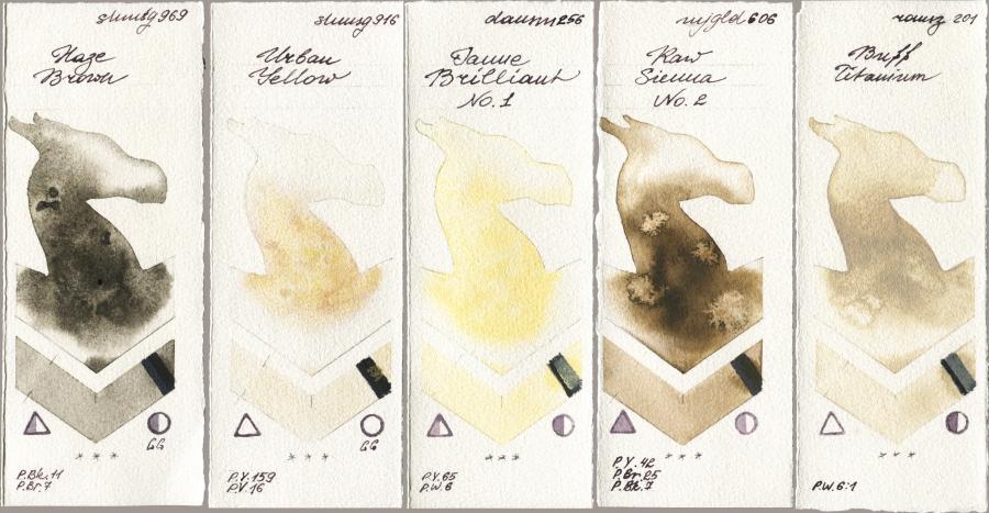 Shminke Horadam Aquarell 969 Haze Brown vs 916 Urban Yellow vs Daniel Smith 256 Jaune Brilliant No 1 vs Mijello Mission Gold 606 Raw Sienna No 2 vs Roman Szmal Aquarius 201 Buff Titanium watercolor swatch