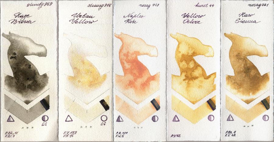 Shminke Horadam Aquarell 969 Haze Brown vs 916 Urban Yellow vs Rosa Gallery 748 Naples Rose vs Kuretake Gansai Tambi 44 Yellow Ochre vs 721 Raw Sienna watercolor swatch