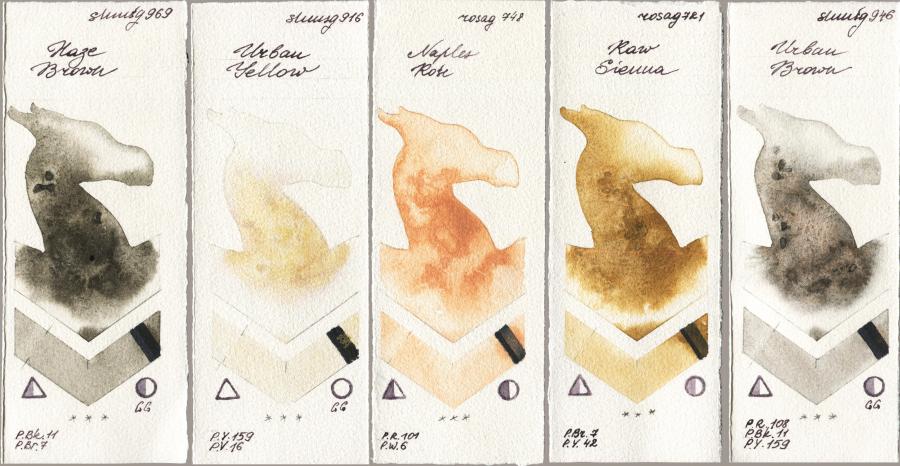Shminke Horadam Aquarell 969 Haze Brown vs 916 Urban Yellow vs Rosa Gallery 748 Naples Rose vs 721 Raw Sienna vs 946 Urban Brown watercolor swatch