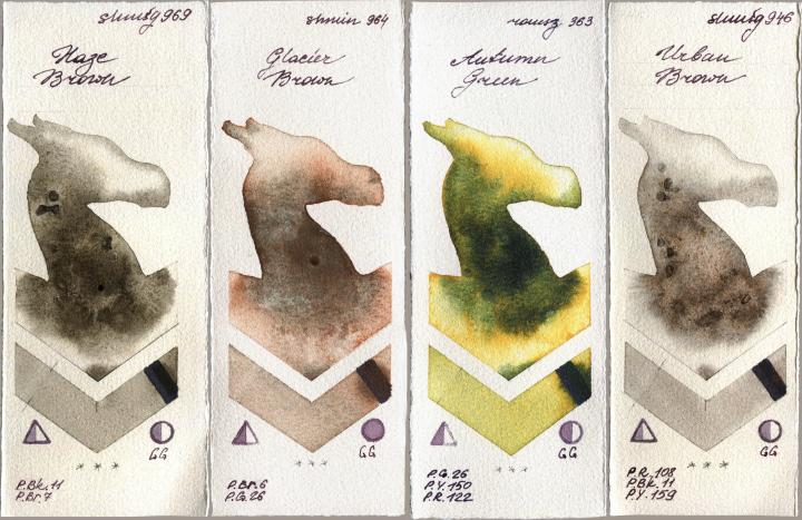 Shminke Horadam Aquarell 969 Haze Brown vs 964 Glacier Brown vs Roman Szmal Aquarius 363 Autumn Green vs 946 Urban Brown watercolor swatch