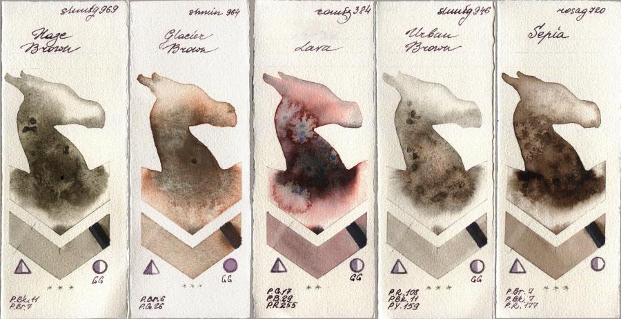 Shminke Horadam Aquarell 969 Haze Brown vs 964 Glacier Brown vs Roman Szmal Aquarius 384 Lava vs 946 Urban Brown vs Rosa Gallery 720 Sepia watercolor swatch