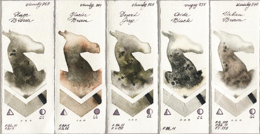 Shminke Horadam Aquarell 969 Haze Brown vs 964 Glacier Brown vs 925 Desert Grey vs Royal Talens Van Gogh Watercolour 735 Oxide Black vs 946 Urban Brown watercolor swatch