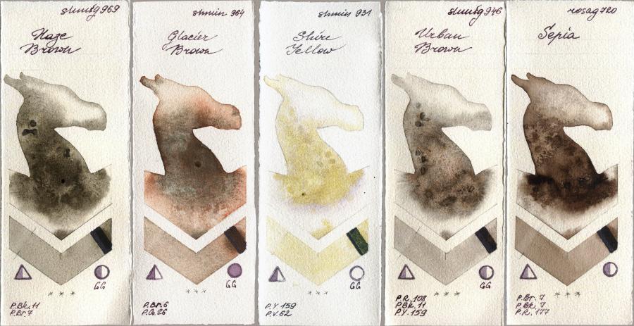 Shminke Horadam Aquarell 969 Haze Brown vs 964 Glacier Brown vs 931 Shire Yellow vs 946 Urban Brown vs Rosa Gallery 720 Sepia watercolor swatch