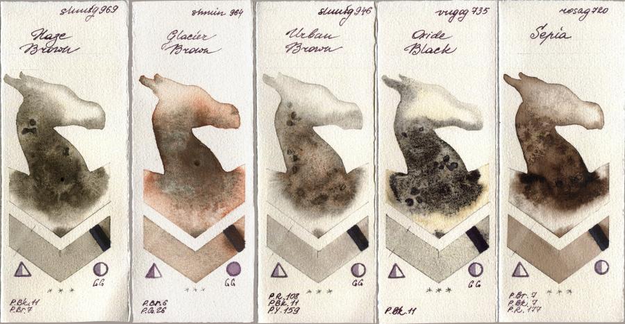 Shminke Horadam Aquarell 969 Haze Brown vs 964 Glacier Brown vs 946 Urban Brown vs Royal Talens Van Gogh Watercolour 735 Oxide Black vs Rosa Gallery 720 Sepia watercolor swatch