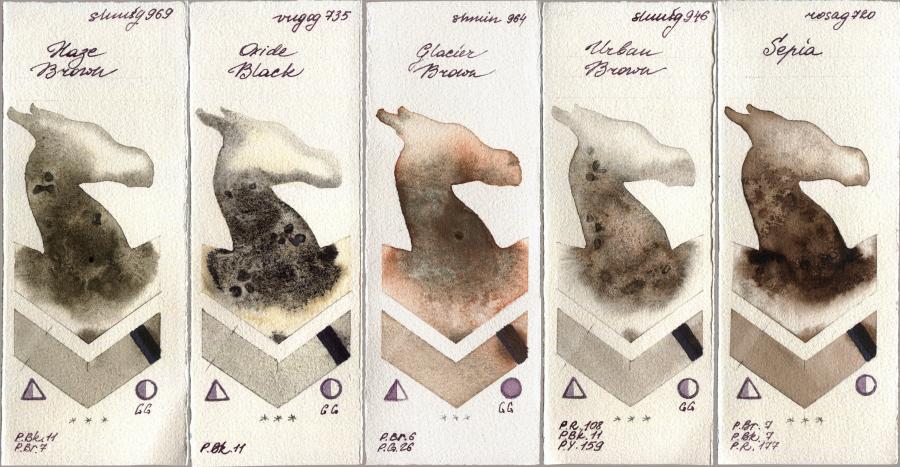 Shminke Horadam Aquarell 969 Haze Brown vs Royal Talens Van Gogh Watercolour 735 Oxide Black vs 964 Glacier Brown vs 946 Urban Brown vs Rosa Gallery 720 Sepia watercolor swatch