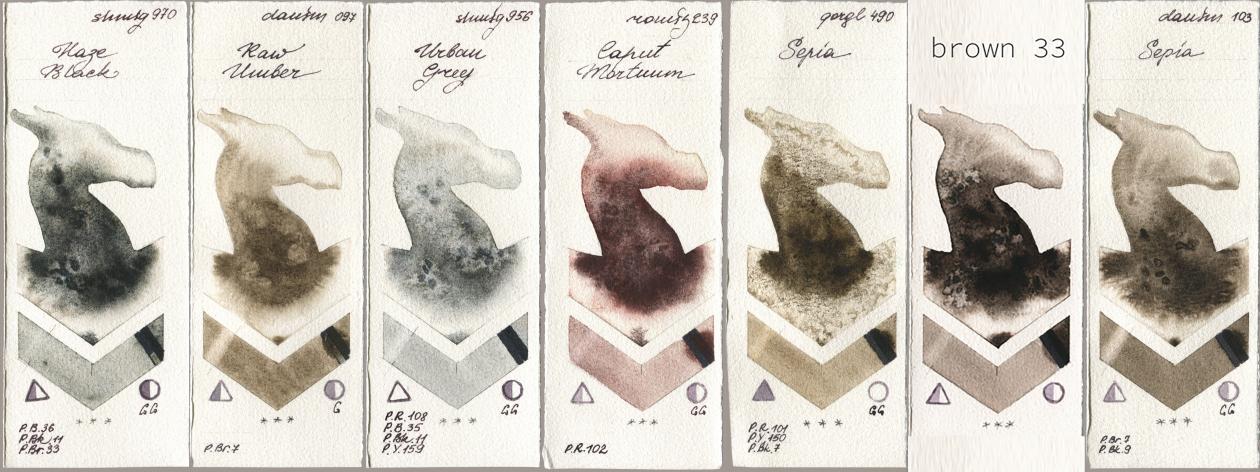 Shminke Horadam Aquarell 970 Haze Black, Daniel Smith 097 Raw Umber, 956 Urban Grey, Roman Szmal Aquarius 239 Caput Mortuum, Golden QOR 490 Sepia, my 033 brown33, 103 Sep watercolor swatch