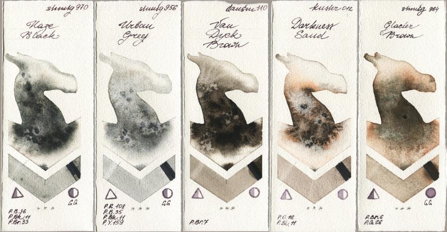 Shminke Horadam Aquarell 970 Haze Black vs 956 Urban Grey vs Daniel Smith 110 Van Dyck Brown vs Kusakabe 012 Darkness Sand vs 964 Glacier Brown watercolor swatch