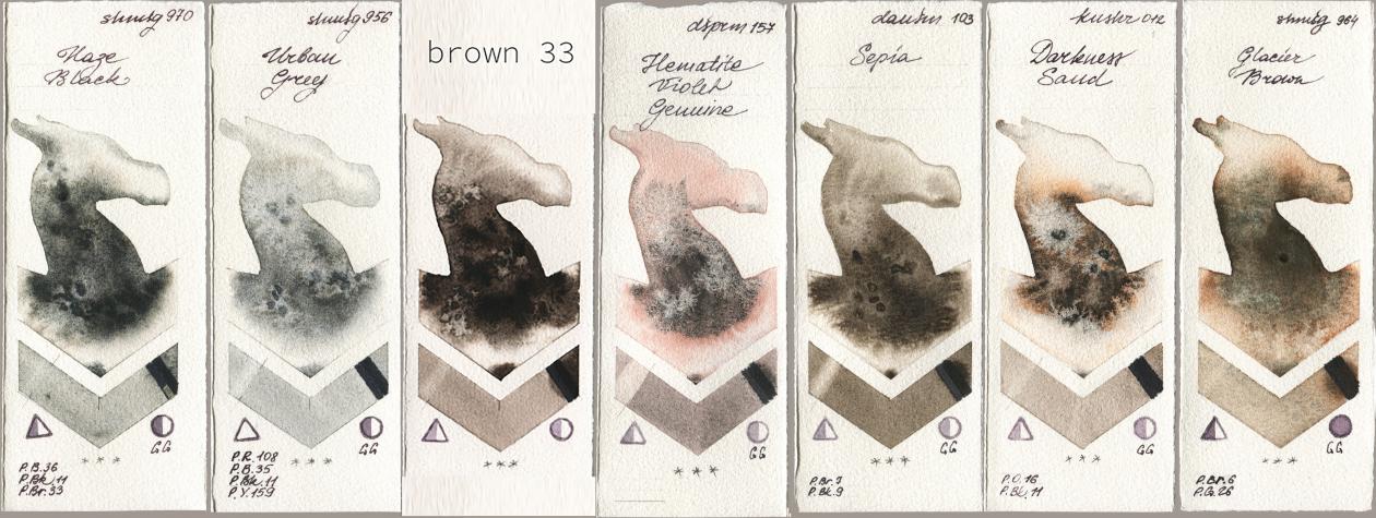 Shminke Horadam Aquarell 970 Haze Black, 956 Urban Grey, my 033 brown33, Daniel Smith 157 Hematite Violet Genuine, 103 Sepia, Kusakabe 012 Darkness Sand, 964 Glacier Bro watercolor swatch