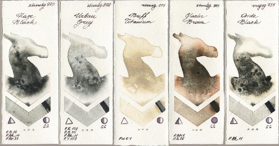 Shminke Horadam Aquarell 970 Haze Black vs 956 Urban Grey vs Roman Szmal Aquarius 201 Buff Titanium vs 964 Glacier Brown vs Royal Talens Van Gogh Watercolour 735 Oxide Black watercolor swatch