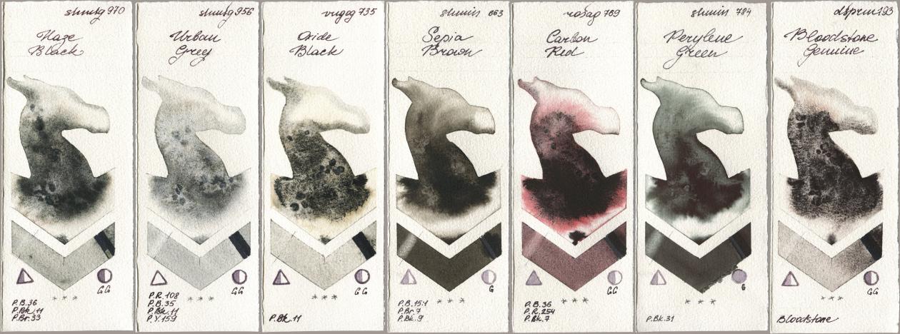 Shminke Horadam Aquarell 970 Haze Black, 956 Urban Grey, Royal Talens Van Gogh Watercolour 735 Oxide Black, 663 Sepia Brown, Rosa Gallery 769 Carbon Red, 784 Perylene Green, Daniel Smith 193 Bloodstone Genui watercolor swatch