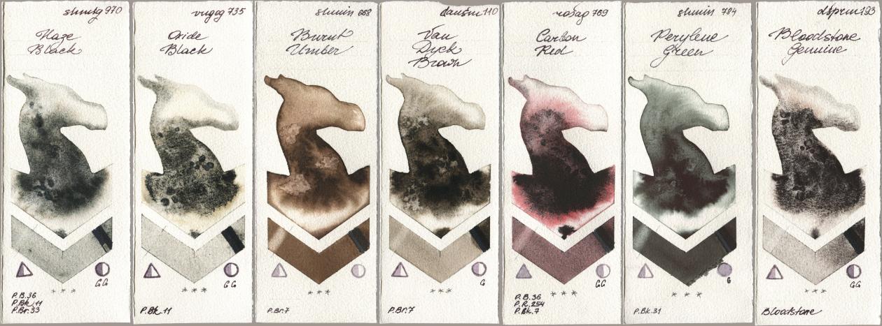 Shminke Horadam Aquarell 970 Haze Black, Royal Talens Van Gogh Watercolour 735 Oxide Black, 668 Burnt Umber, Daniel Smith 110 Van Dyck Brown, Rosa Gallery 769 Carbon Red, 784 Perylene Green, 193 Bloodstone Genui watercolor swatch